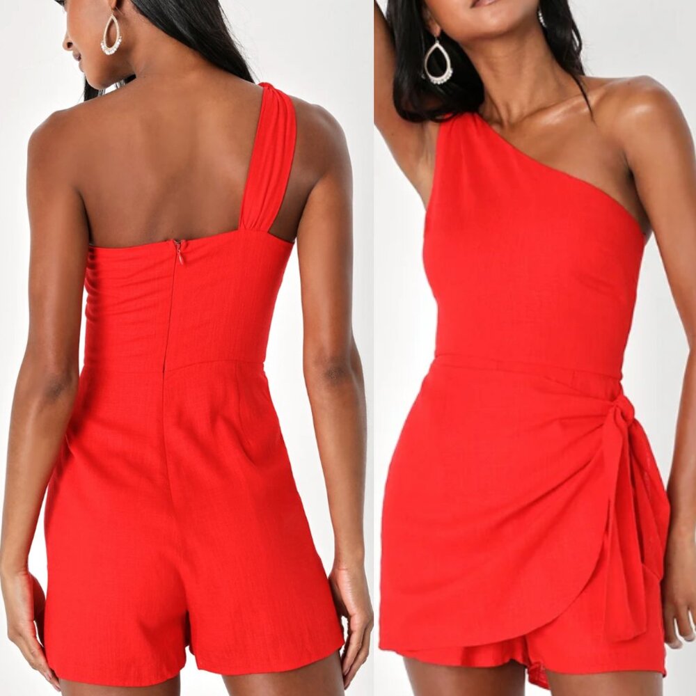 NEW NWT LULUS LULU’S Tie and Low Red One Shoulder Knotted Skort Romper Red Party
